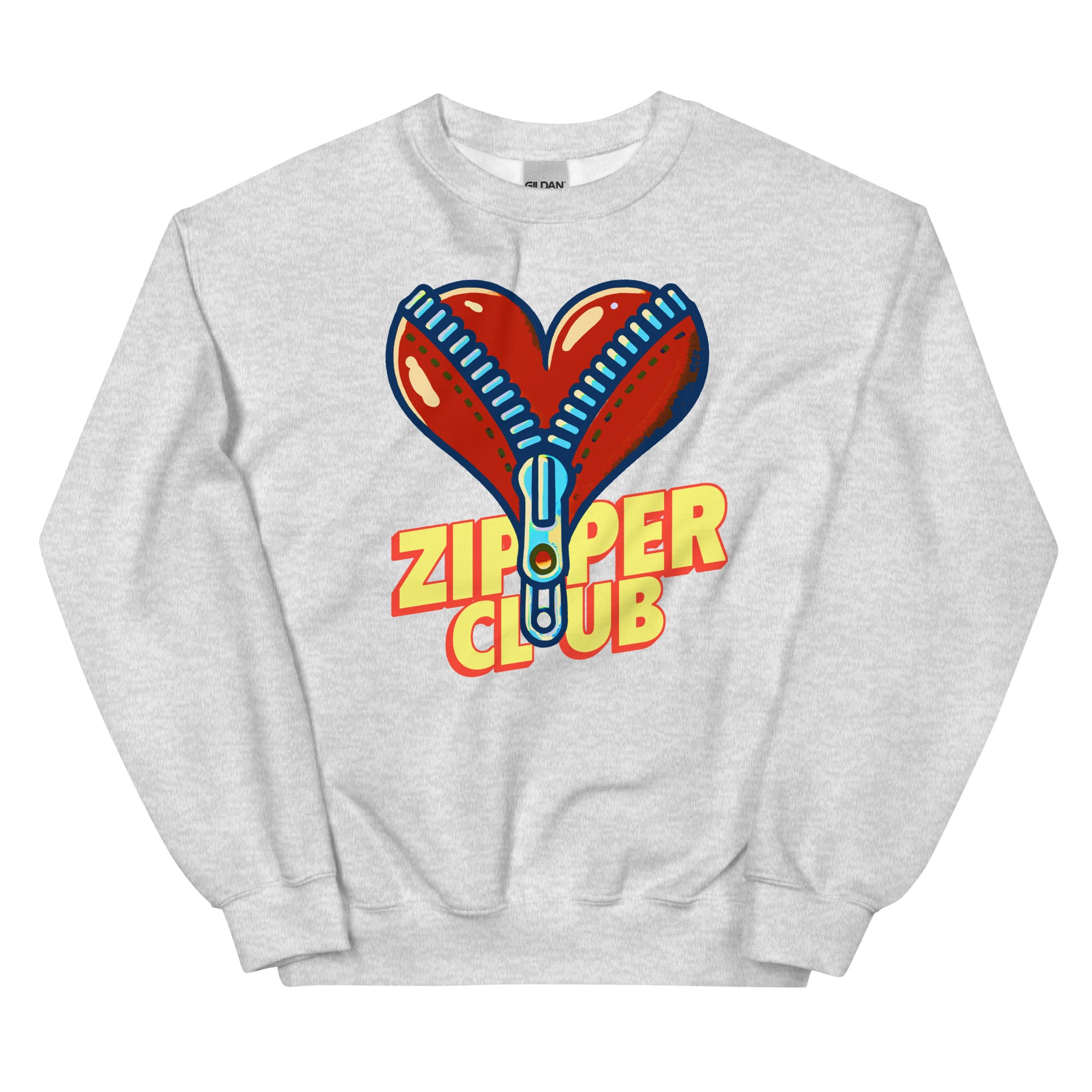 Ash-grey crew neck sweatshirt featuring an oversized red heart-shaped zipper graphic with blue zipper teeth and the words Zipper Club in bold letters.