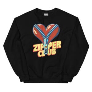Black crew neck sweatshirt featuring an oversized red heart-shaped zipper graphic with blue zipper teeth and the words 'Zipper Club' in yellow-orange across the chest.