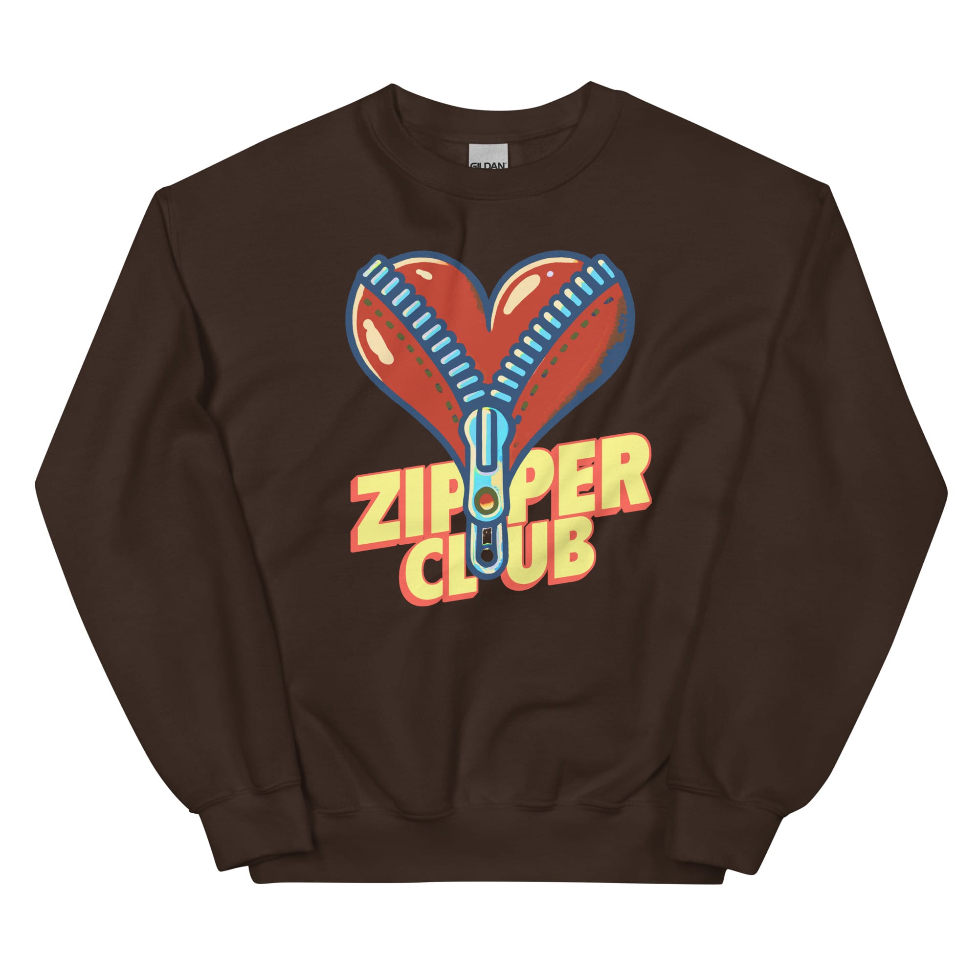 Dark chocolate brown crew neck sweatshirt featuring an oversized red heart-shaped zipper graphic with blue zipper teeth and the words 'Zipper Club' in yellow-orange across the chest.