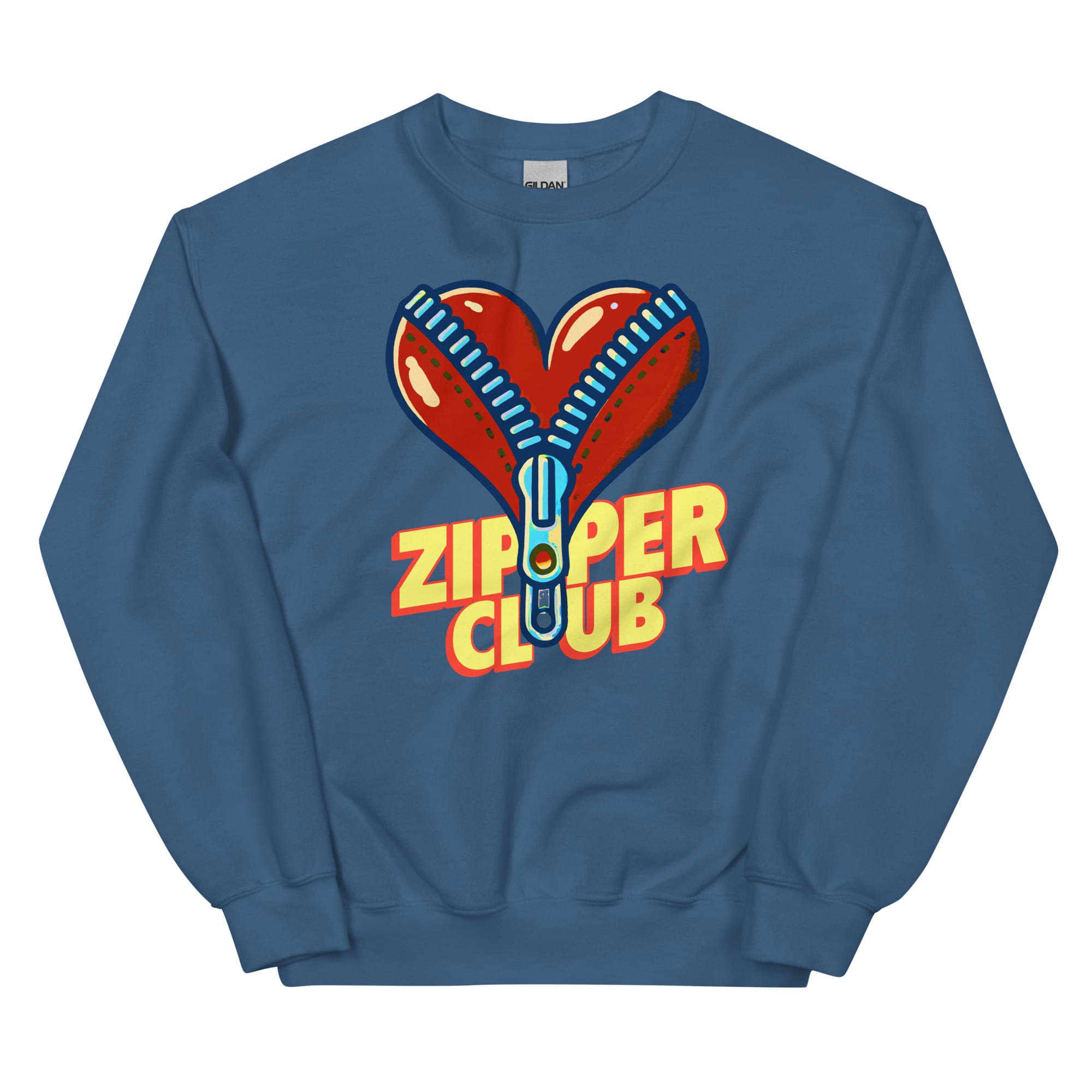 Indigo blue crew neck sweatshirt showcasing an oversized red heart-shaped zipper graphic with blue zipper teeth and the words 'Zipper Club' in yellow-orange across the chest.