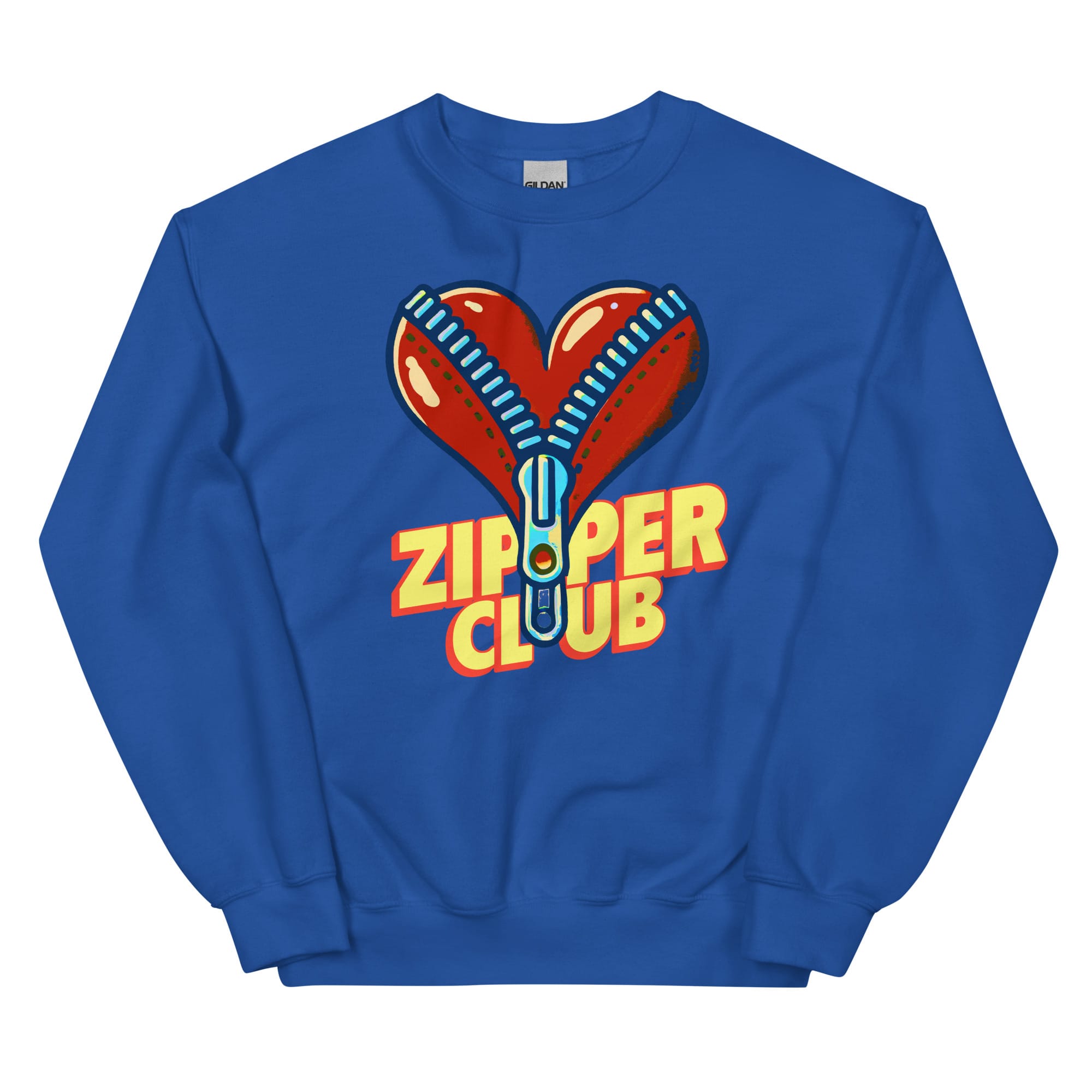 Royal blue crew neck sweatshirt featuring an oversized red heart-shaped zipper graphic with blue zipper teeth and the words Zipper Club in bold letters.