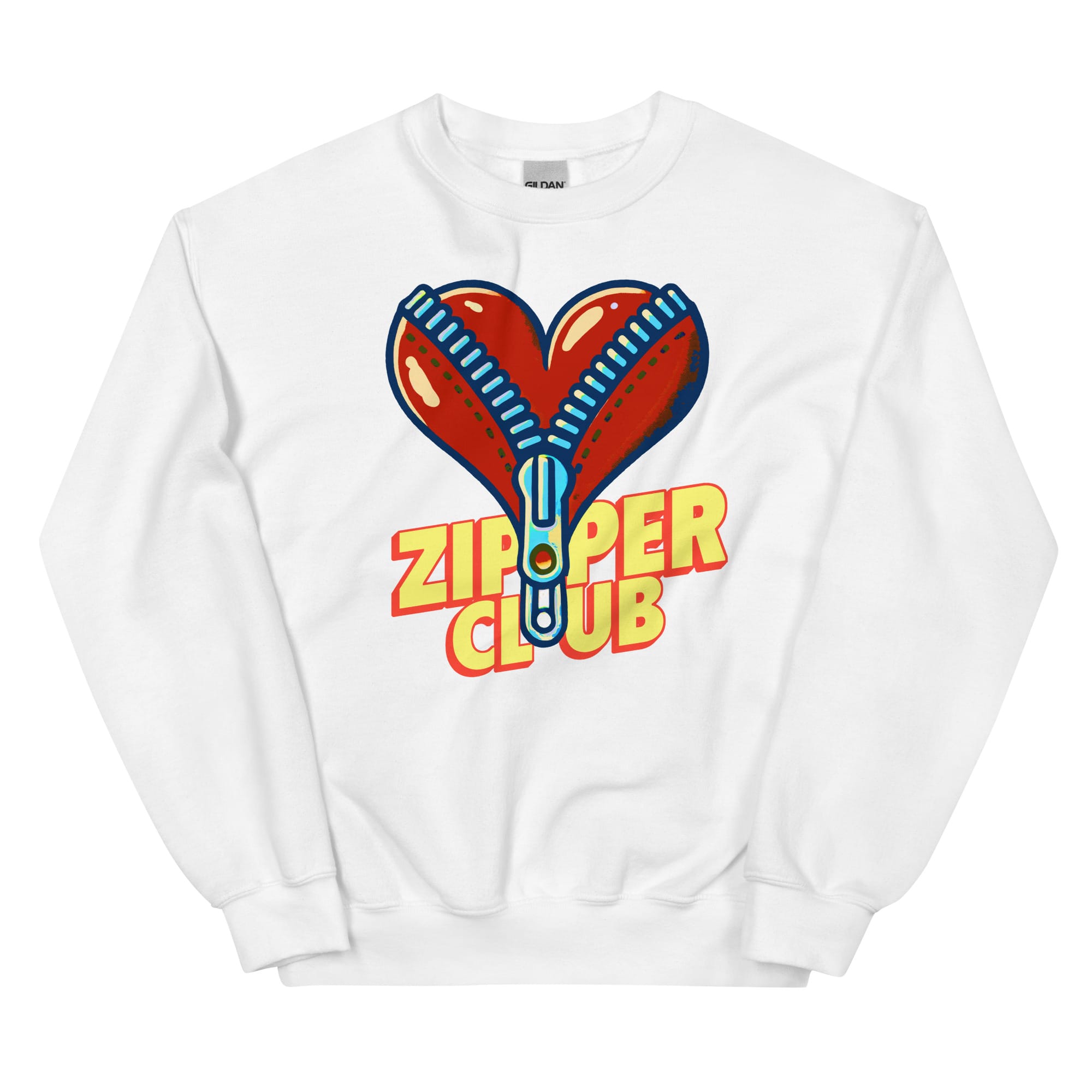 White crew neck sweatshirt featuring an oversized red heart-shaped zipper graphic with blue zipper teeth and the words Zipper Club in bold letters.