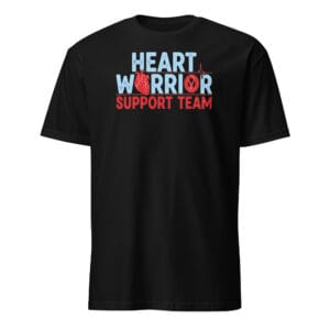 Black t-shirt with 'HEART WARRIOR SUPPORT TEAM' text and heart graphic.