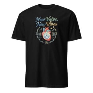 A black t-shirt with a graphic of a heart with a new valve, surrounded by a circular design, and the text 'New Valve New Vibes'.